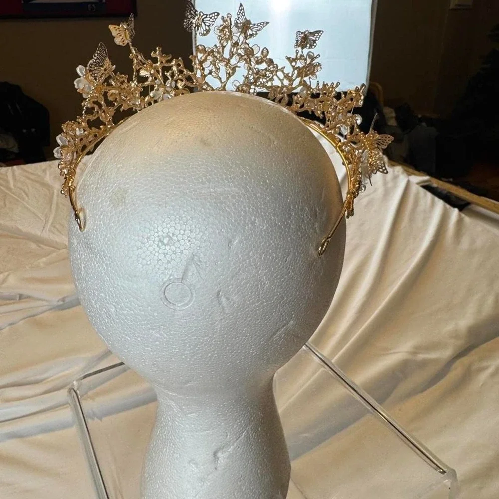 Gold Butterfly Flower Crown Crystal Fairycore  Headpiece